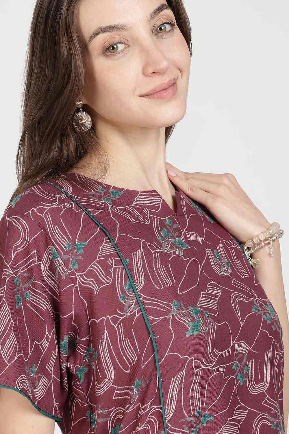 Naidu Hall Women’s Full-Length Printed Nighty | Round Neck with V-Slit, Short Sleeves, Relaxed Fit
 - NB16