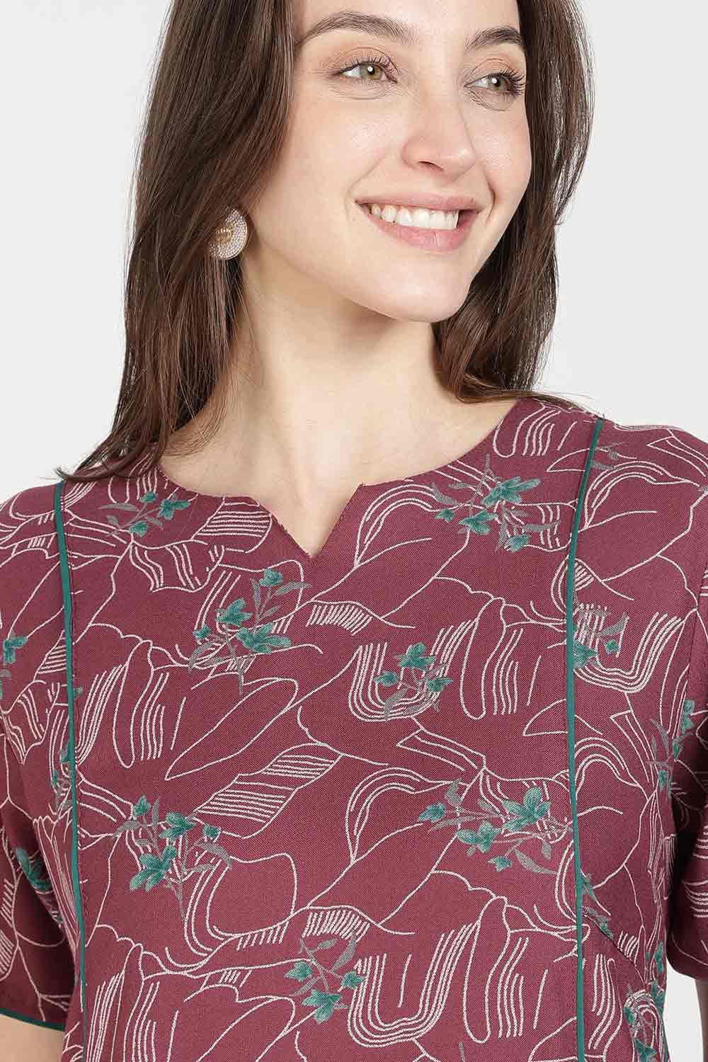 Naidu Hall Women’s Full-Length Printed Nighty | Round Neck with V-Slit, Short Sleeves, Relaxed Fit
 - NB16