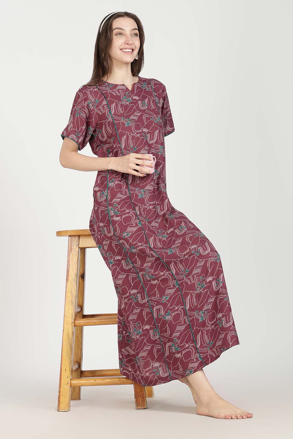 Naidu Hall Women’s Full-Length Printed Nighty | Round Neck with V-Slit, Short Sleeves, Relaxed Fit
 - NB16