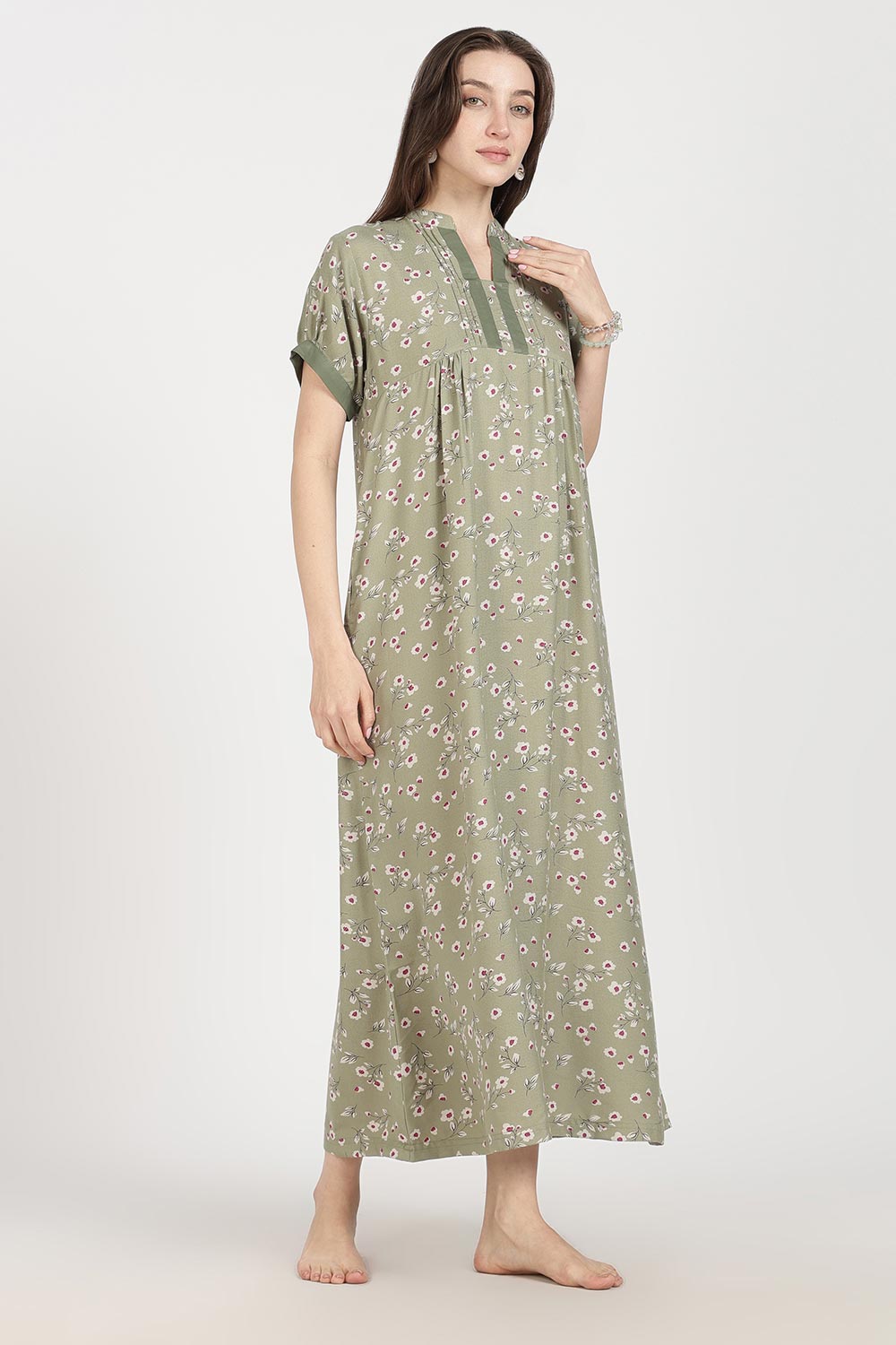 Naidu Hall Women’s Full-Length Cotton Nighty | Mandarin Collar, Pintuck Detail, Floral Printed Sleepwear
 - NB17