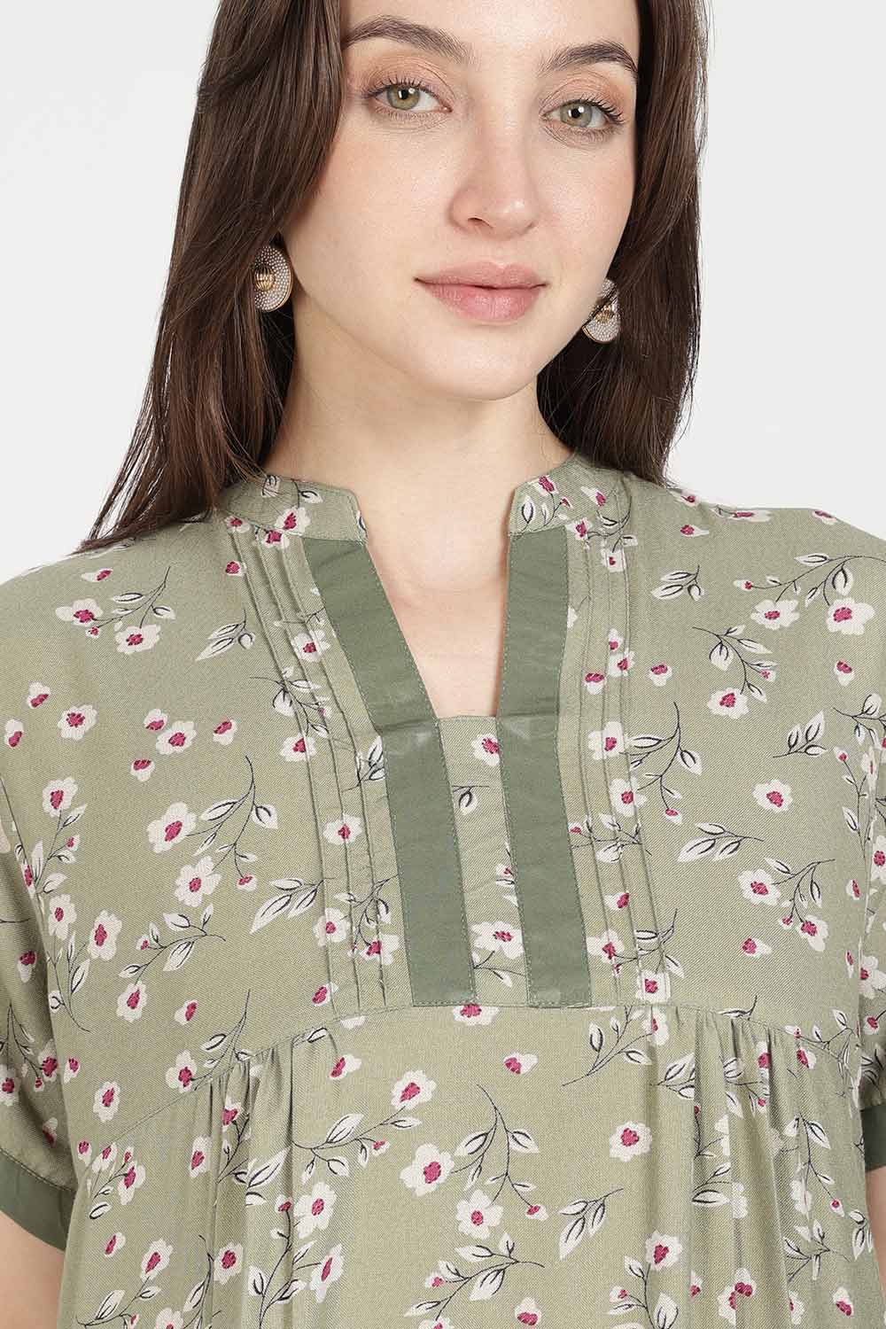 Naidu Hall Women’s Full-Length Cotton Nighty | Mandarin Collar, Pintuck Detail, Floral Printed Sleepwear
 - NB17
