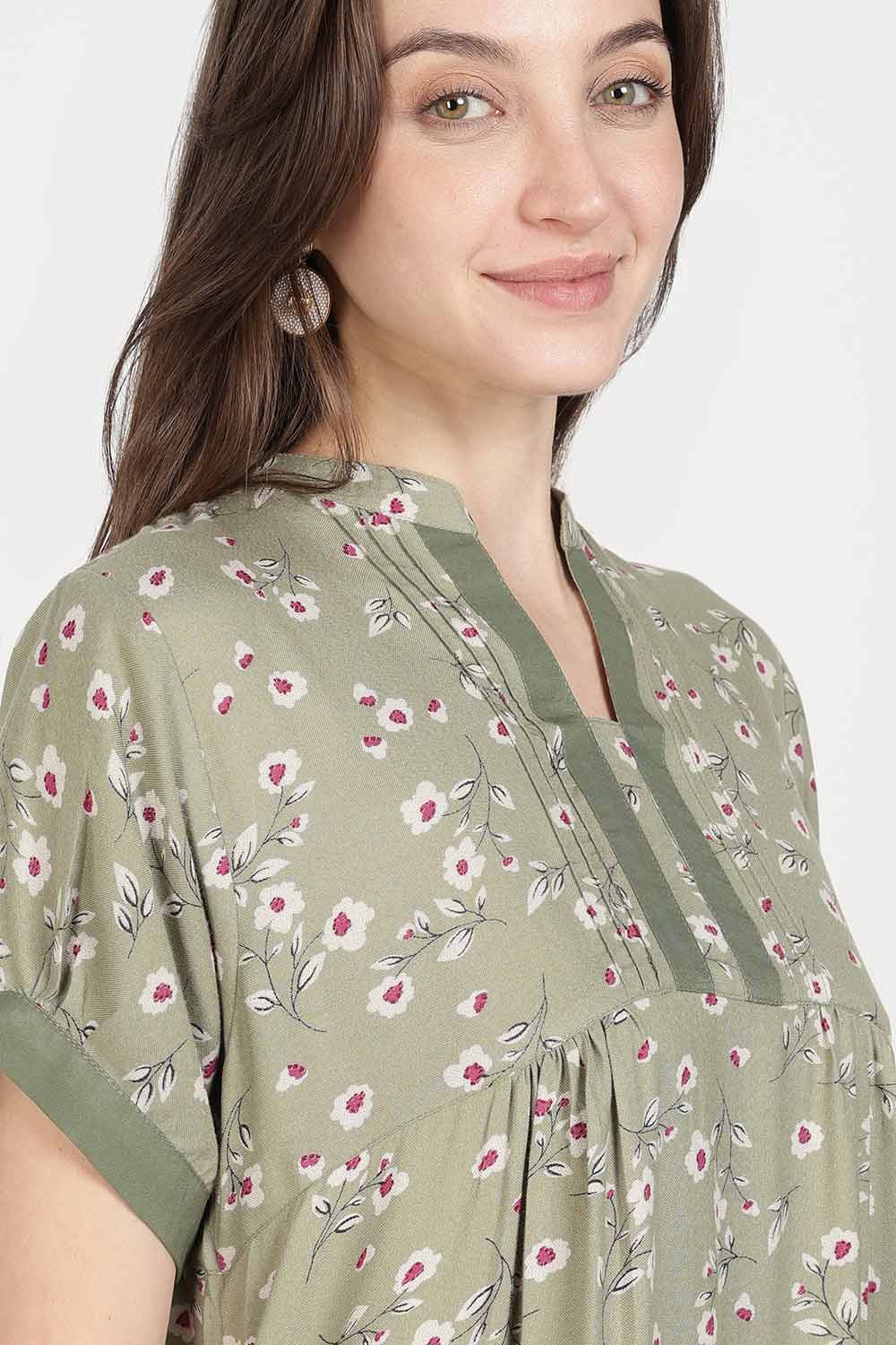 Naidu Hall Women’s Full-Length Cotton Nighty | Mandarin Collar, Pintuck Detail, Floral Printed Sleepwear
 - NB17