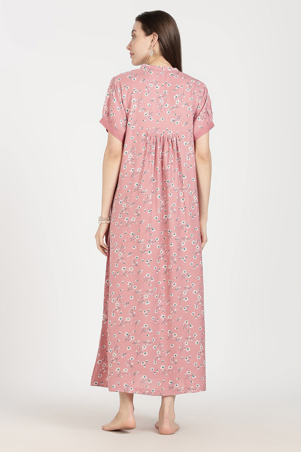 Naidu Hall Women’s Full-Length Cotton Nighty | Mandarin Collar, Pintuck Detail, Floral Printed Sleepwear
 - NB17