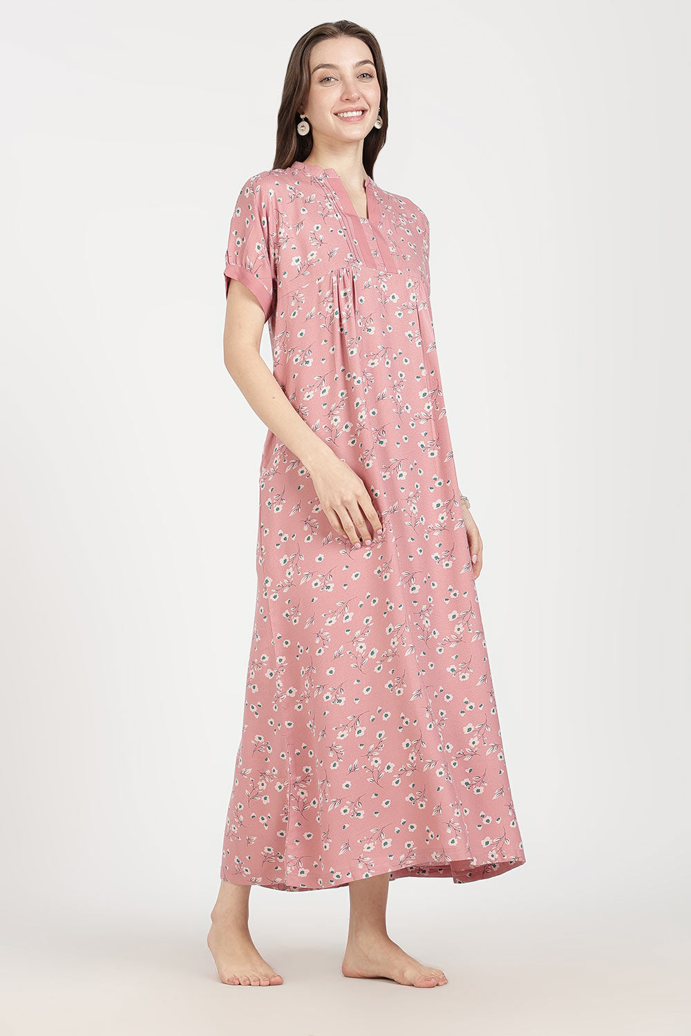 Naidu Hall Women’s Full-Length Cotton Nighty | Mandarin Collar, Pintuck Detail, Floral Printed Sleepwear
 - NB17