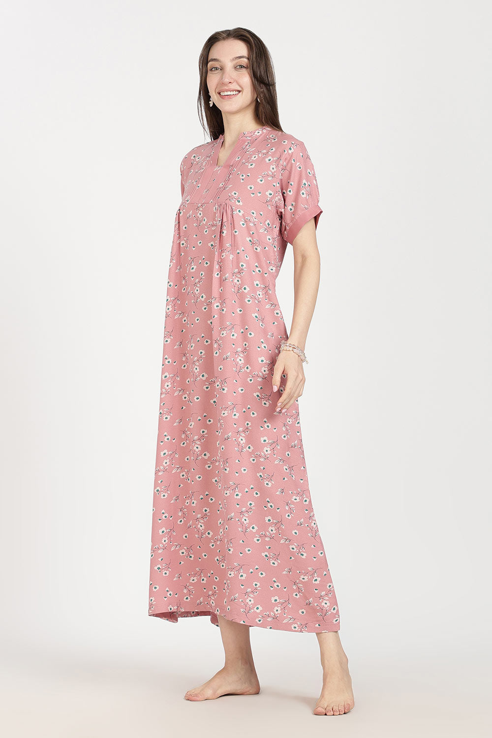 Naidu Hall Women’s Full-Length Cotton Nighty | Mandarin Collar, Pintuck Detail, Floral Printed Sleepwear
 - NB17