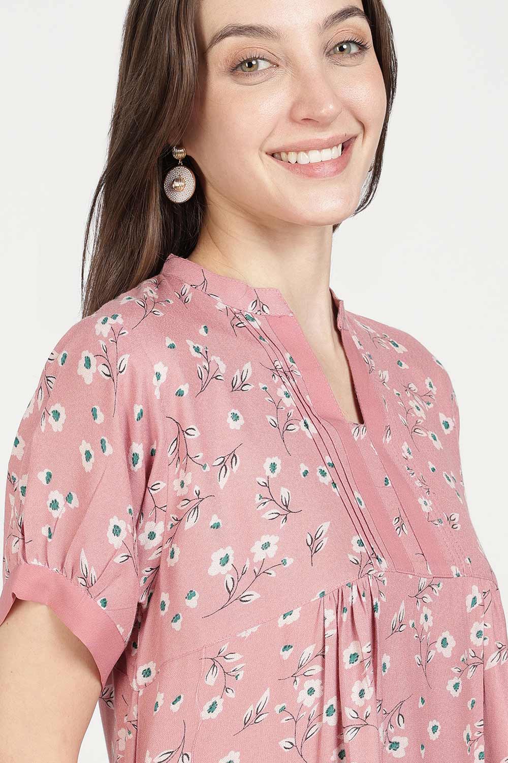 Naidu Hall Women’s Full-Length Cotton Nighty | Mandarin Collar, Pintuck Detail, Floral Printed Sleepwear
 - NB17