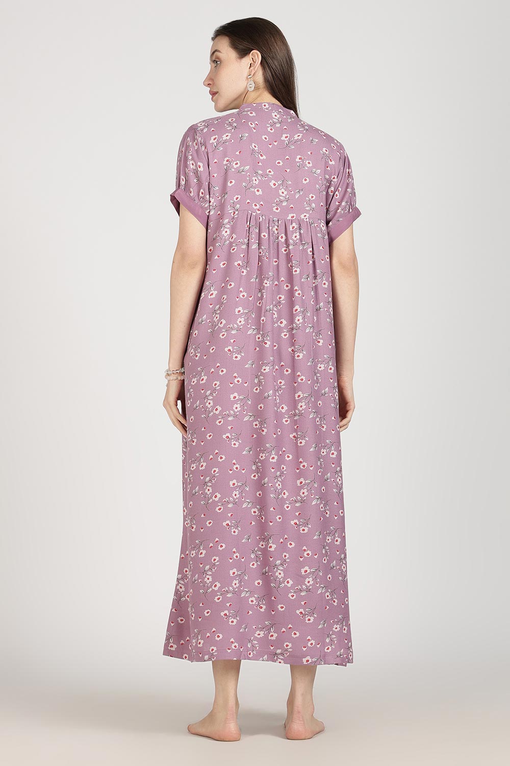 Naidu Hall Women’s Full-Length Cotton Nighty | Mandarin Collar, Pintuck Detail, Floral Printed Sleepwear
 - NB17