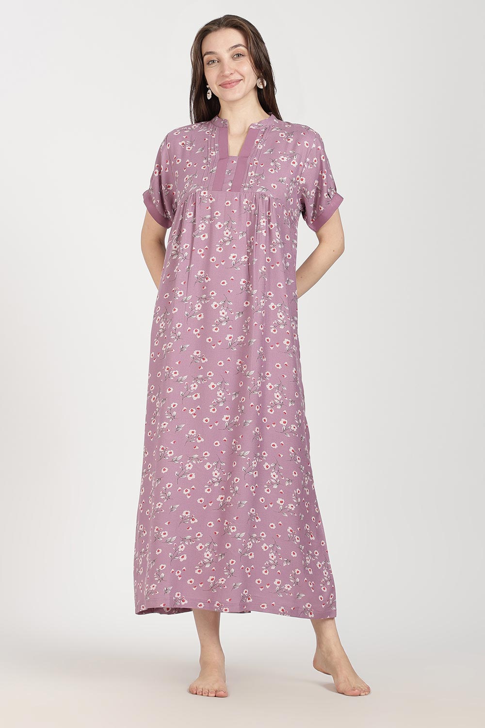 Naidu Hall Women’s Full-Length Cotton Nighty | Mandarin Collar, Pintuck Detail, Floral Printed Sleepwear
 - NB17