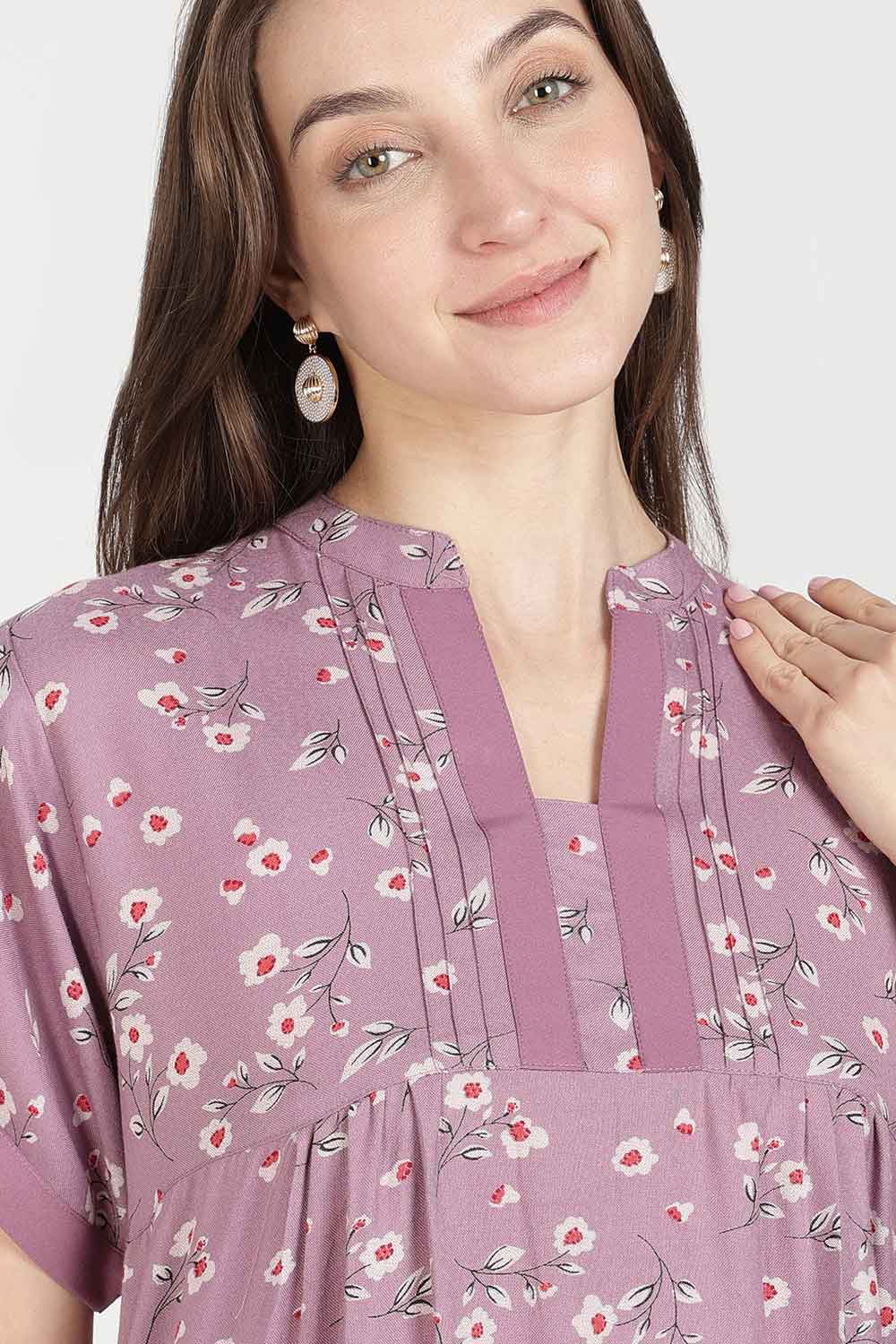 Naidu Hall Women’s Full-Length Cotton Nighty | Mandarin Collar, Pintuck Detail, Floral Printed Sleepwear
 - NB17