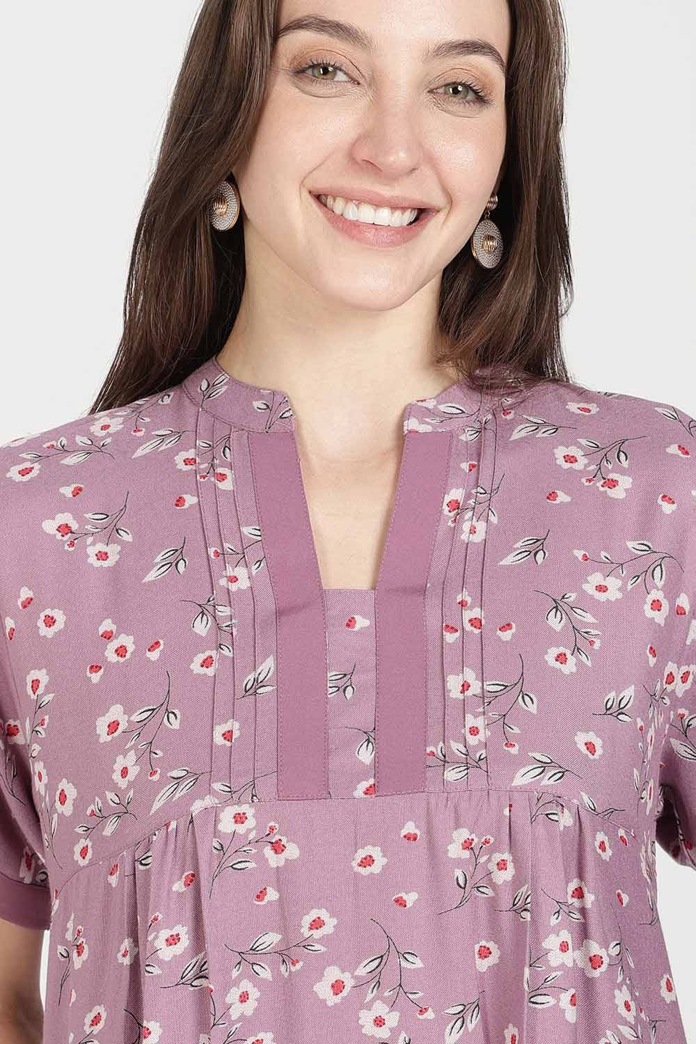 Naidu Hall Women’s Full-Length Cotton Nighty | Mandarin Collar, Pintuck Detail, Floral Printed Sleepwear
 - NB17