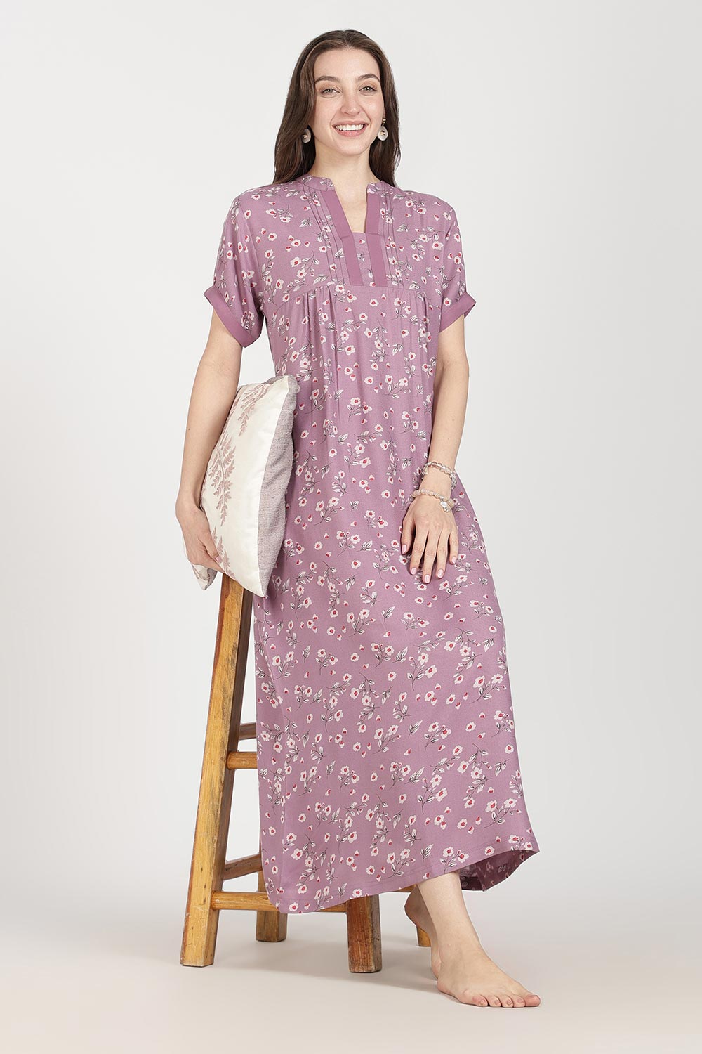 Naidu Hall Women’s Full-Length Cotton Nighty | Mandarin Collar, Pintuck Detail, Floral Printed Sleepwear
 - NB17
