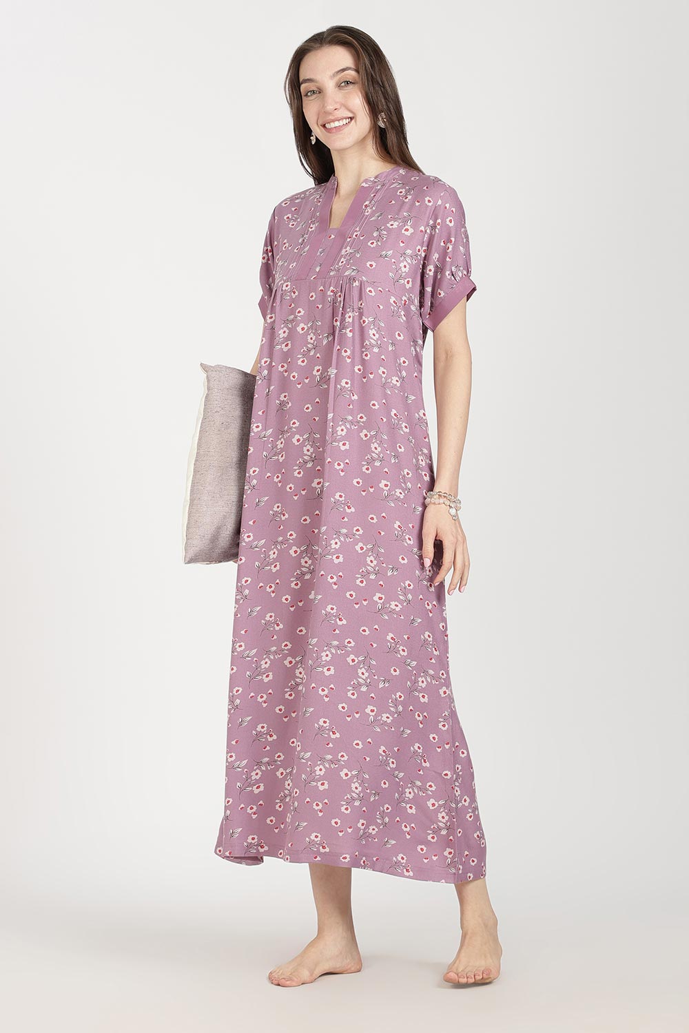 Naidu Hall Women’s Full-Length Cotton Nighty | Mandarin Collar, Pintuck Detail, Floral Printed Sleepwear
 - NB17