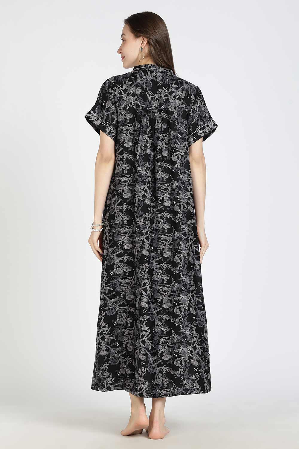 Naidu Hall Women’s Printed Alpine Cotton Nighty | Full Length Mandarin Collar Half Sleeve Nightdress with Front Button Placket for Daily Wear & Sleepwear
 - NB25