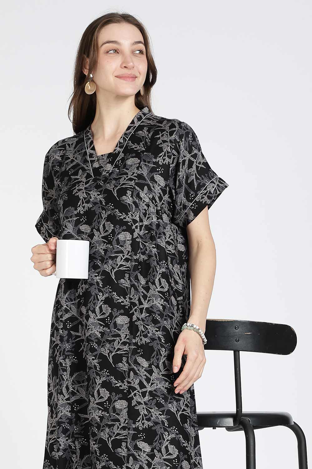 Naidu Hall Women’s Printed Alpine Cotton Nighty | Full Length Mandarin Collar Half Sleeve Nightdress with Front Button Placket for Daily Wear & Sleepwear
 - NB25