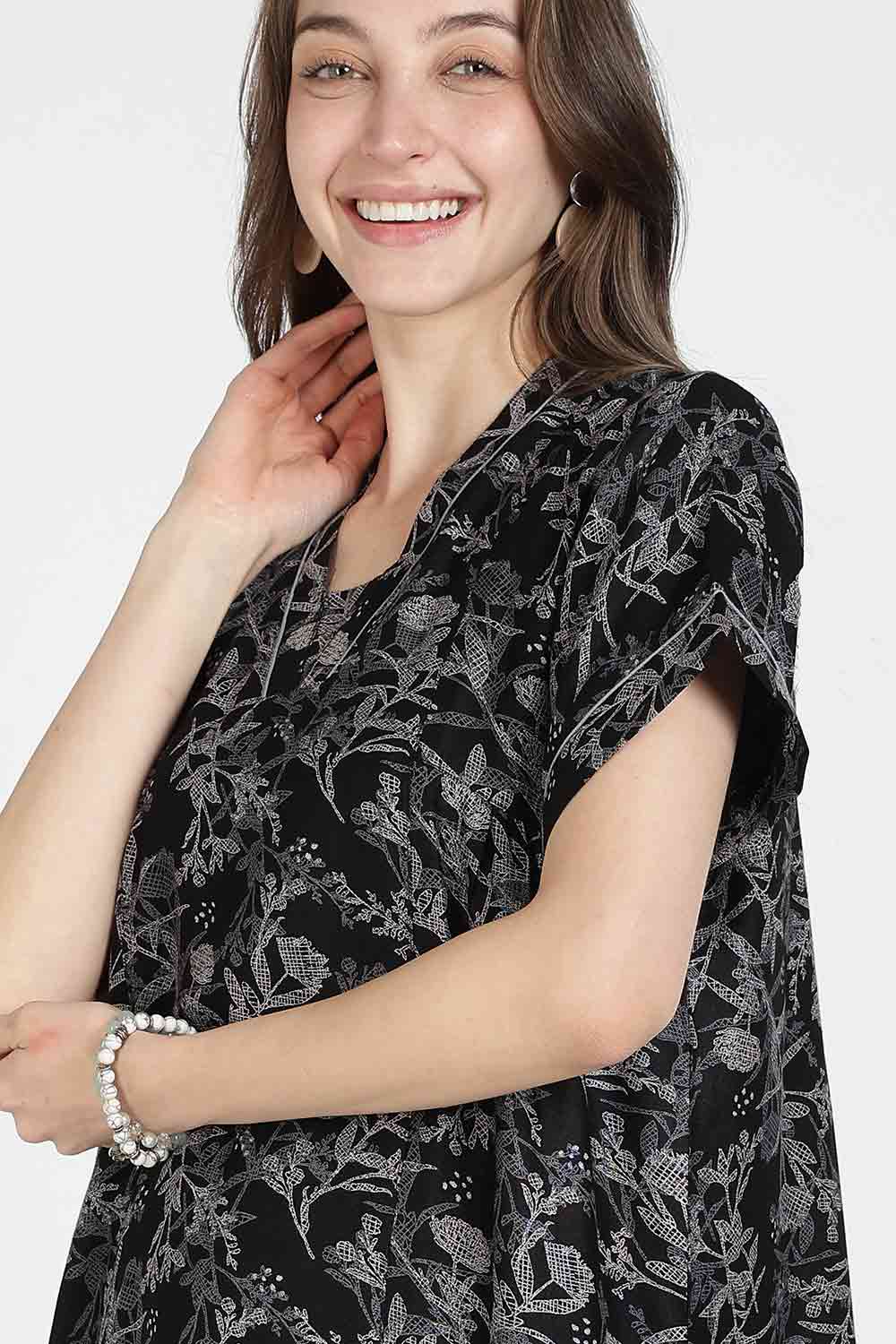 Naidu Hall Women’s Printed Alpine Cotton Nighty | Full Length Mandarin Collar Half Sleeve Nightdress with Front Button Placket for Daily Wear & Sleepwear
 - NB25