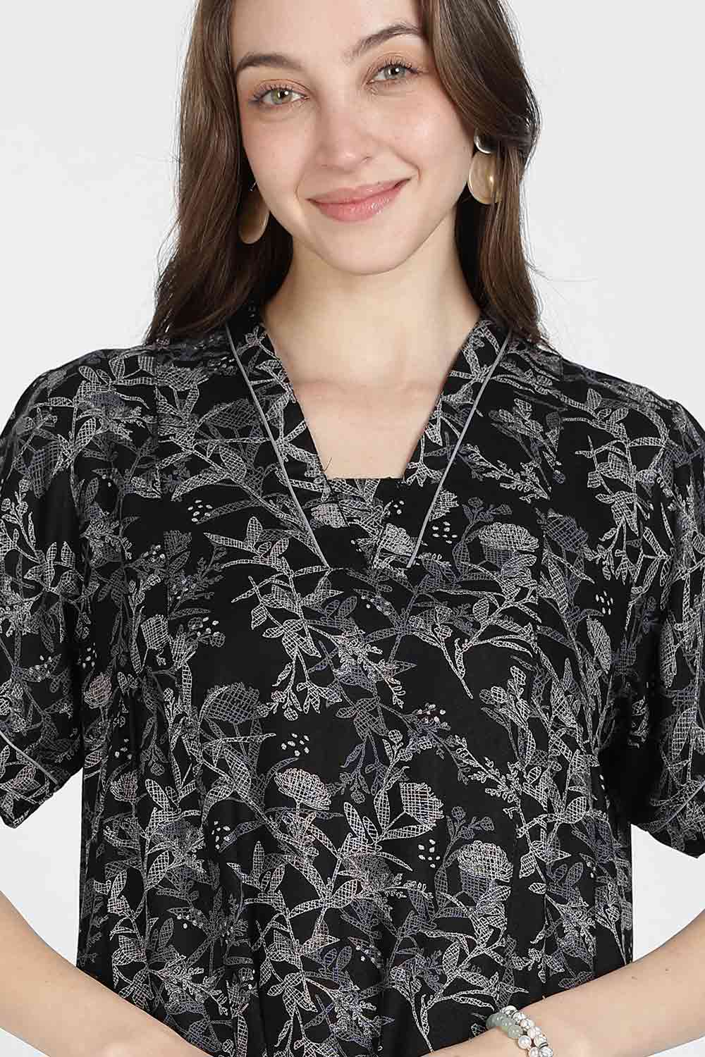 Naidu Hall Women’s Printed Alpine Cotton Nighty | Full Length Mandarin Collar Half Sleeve Nightdress with Front Button Placket for Daily Wear & Sleepwear
 - NB25