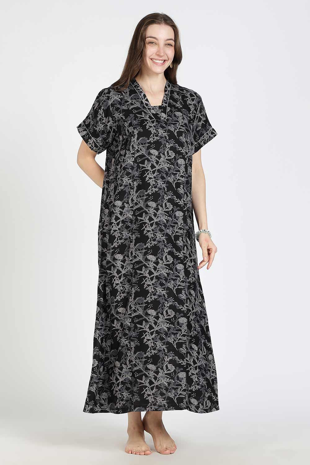 Naidu Hall Women’s Printed Alpine Cotton Nighty | Full Length Mandarin Collar Half Sleeve Nightdress with Front Button Placket for Daily Wear & Sleepwear
 - NB25