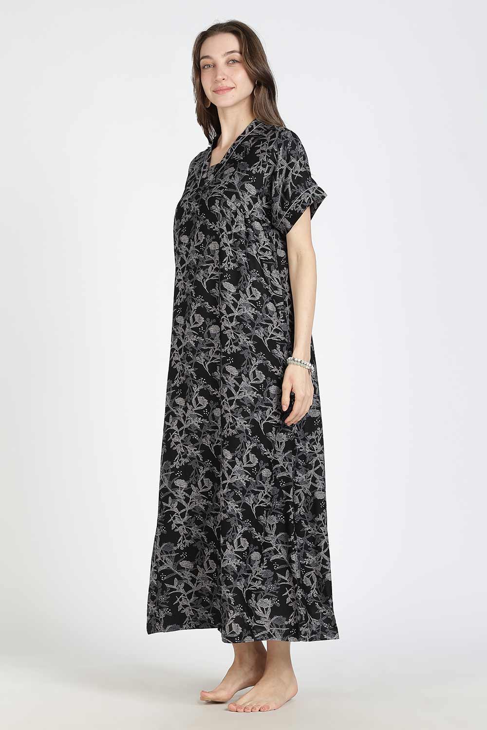 Naidu Hall Women’s Printed Alpine Cotton Nighty | Full Length Mandarin Collar Half Sleeve Nightdress with Front Button Placket for Daily Wear & Sleepwear
 - NB25