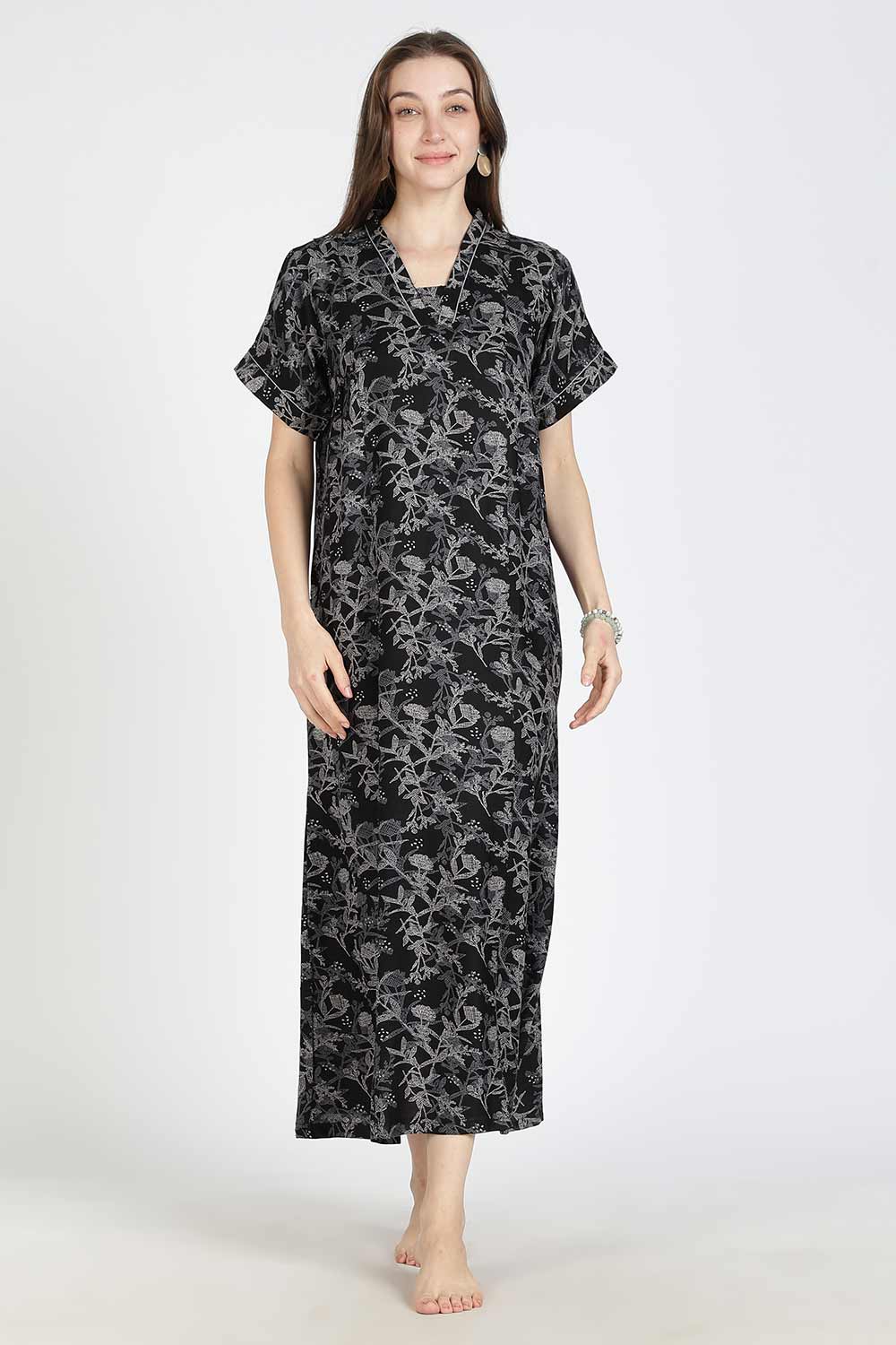 Naidu Hall Women’s Printed Alpine Cotton Nighty | Full Length Mandarin Collar Half Sleeve Nightdress with Front Button Placket for Daily Wear & Sleepwear
 - NB25