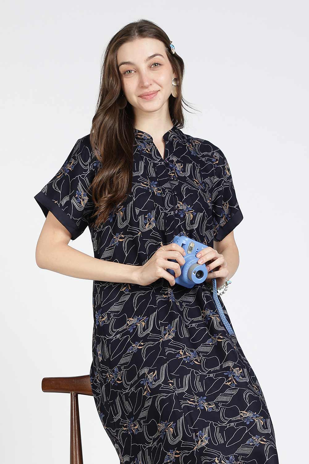 Naidu Hall Women’s Printed Alpine Cotton Nighty | Full Length Mandarin Collar Half Sleeve Nightdress with Front Button Placket for Daily Wear & Sleepwear
 - NB25