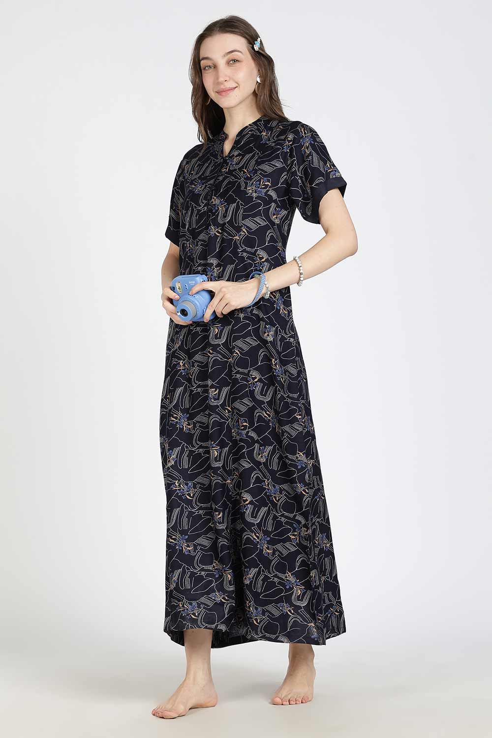 Naidu Hall Women’s Printed Alpine Cotton Nighty | Full Length Mandarin Collar Half Sleeve Nightdress with Front Button Placket for Daily Wear & Sleepwear
 - NB25