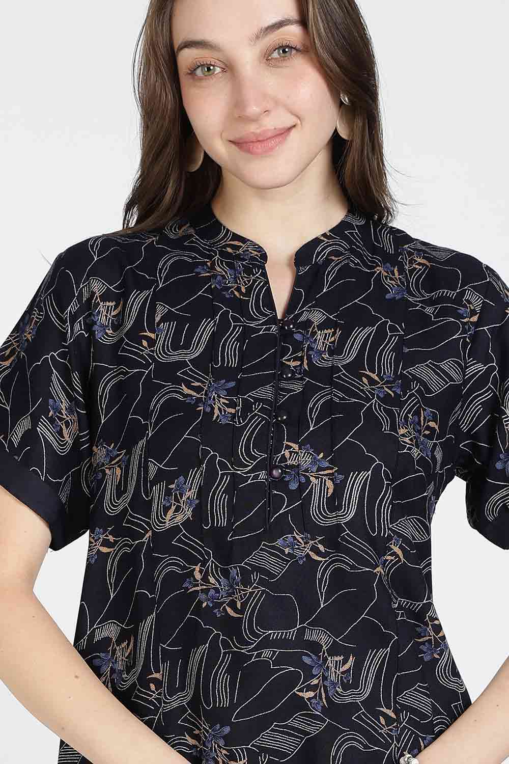 Naidu Hall Women’s Printed Alpine Cotton Nighty | Full Length Mandarin Collar Half Sleeve Nightdress with Front Button Placket for Daily Wear & Sleepwear
 - NB25