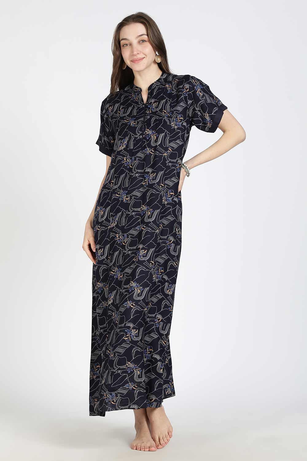 Naidu Hall Women’s Printed Alpine Cotton Nighty | Full Length Mandarin Collar Half Sleeve Nightdress with Front Button Placket for Daily Wear & Sleepwear
 - NB25