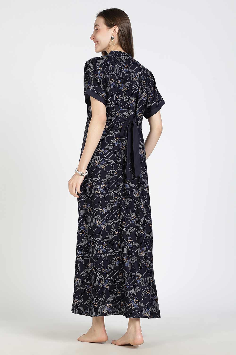 Naidu Hall Women’s Printed Alpine Cotton Nighty | Full Length Mandarin Collar Half Sleeve Nightdress with Front Button Placket for Daily Wear & Sleepwear
 - NB25