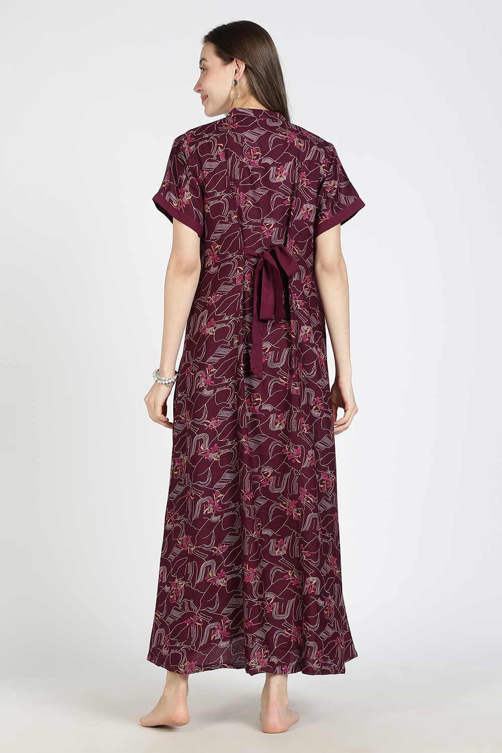 Naidu Hall Women’s Printed Alpine Cotton Nighty | Full Length Mandarin Collar Half Sleeve Nightdress with Front Button Placket for Daily Wear & Sleepwear
 - NB25