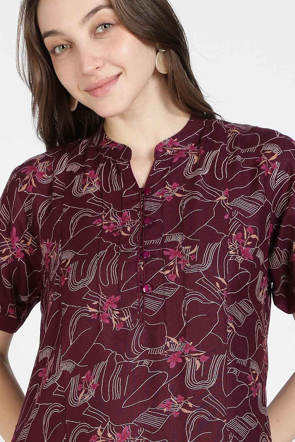 Naidu Hall Women’s Printed Alpine Cotton Nighty | Full Length Mandarin Collar Half Sleeve Nightdress with Front Button Placket for Daily Wear & Sleepwear
 - NB25