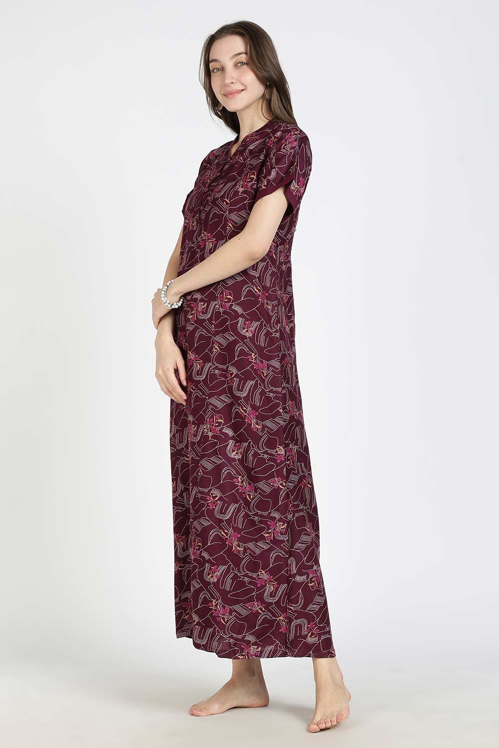 Naidu Hall Women’s Printed Alpine Cotton Nighty | Full Length Mandarin Collar Half Sleeve Nightdress with Front Button Placket for Daily Wear & Sleepwear
 - NB25