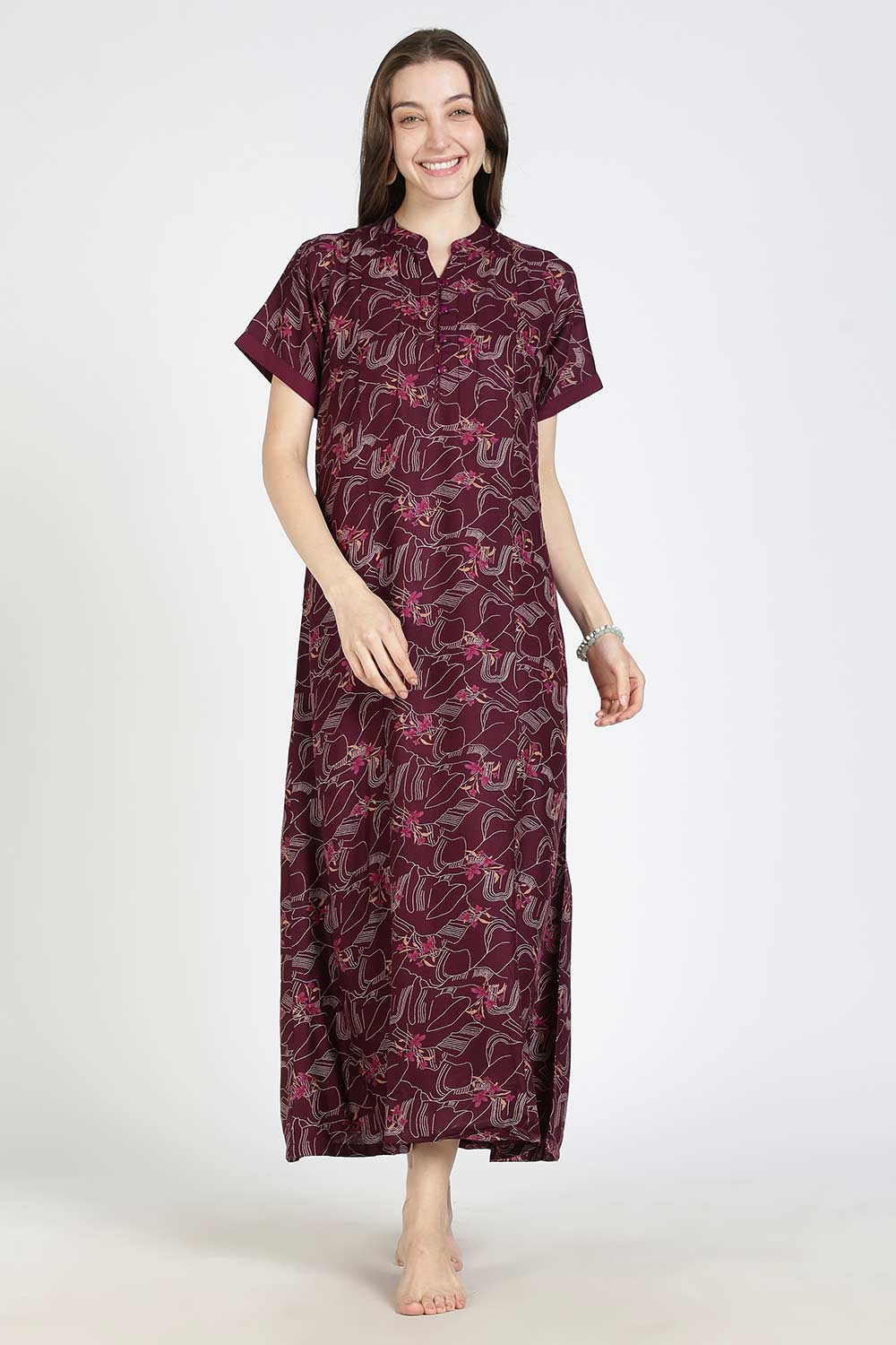 Naidu Hall Women’s Printed Alpine Cotton Nighty | Full Length Mandarin Collar Half Sleeve Nightdress with Front Button Placket for Daily Wear & Sleepwear
 - NB25