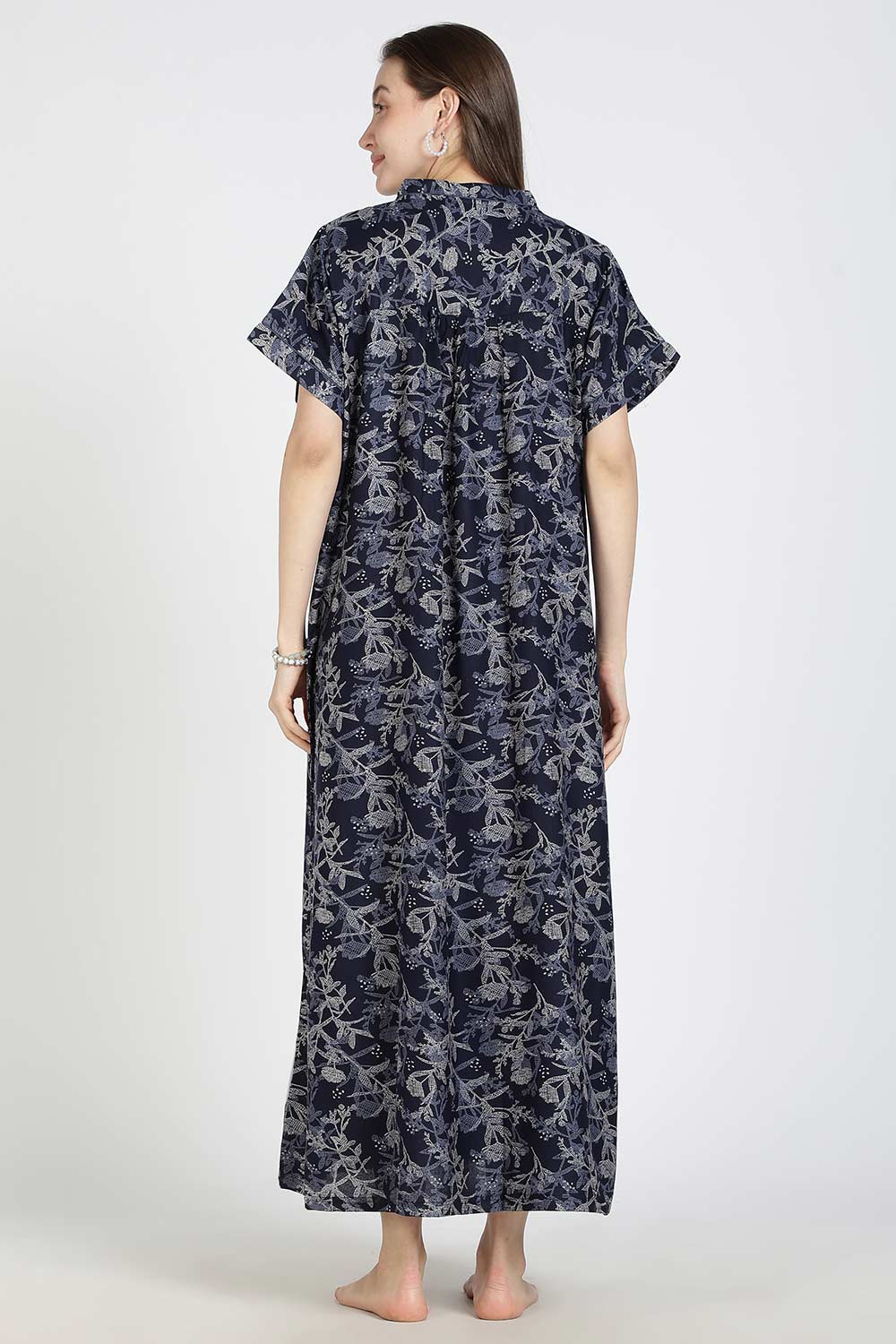 Naidu Hall Women’s Printed Alpine Cotton Nighty | Full Length Split V-Neck Short Sleeve Nightdress with Gathers for Daily Wear & Sleepwear
 - NB26