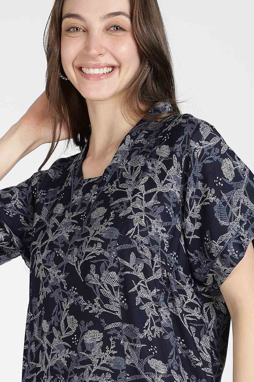 Naidu Hall Women’s Printed Alpine Cotton Nighty | Full Length Split V-Neck Short Sleeve Nightdress with Gathers for Daily Wear & Sleepwear
 - NB26