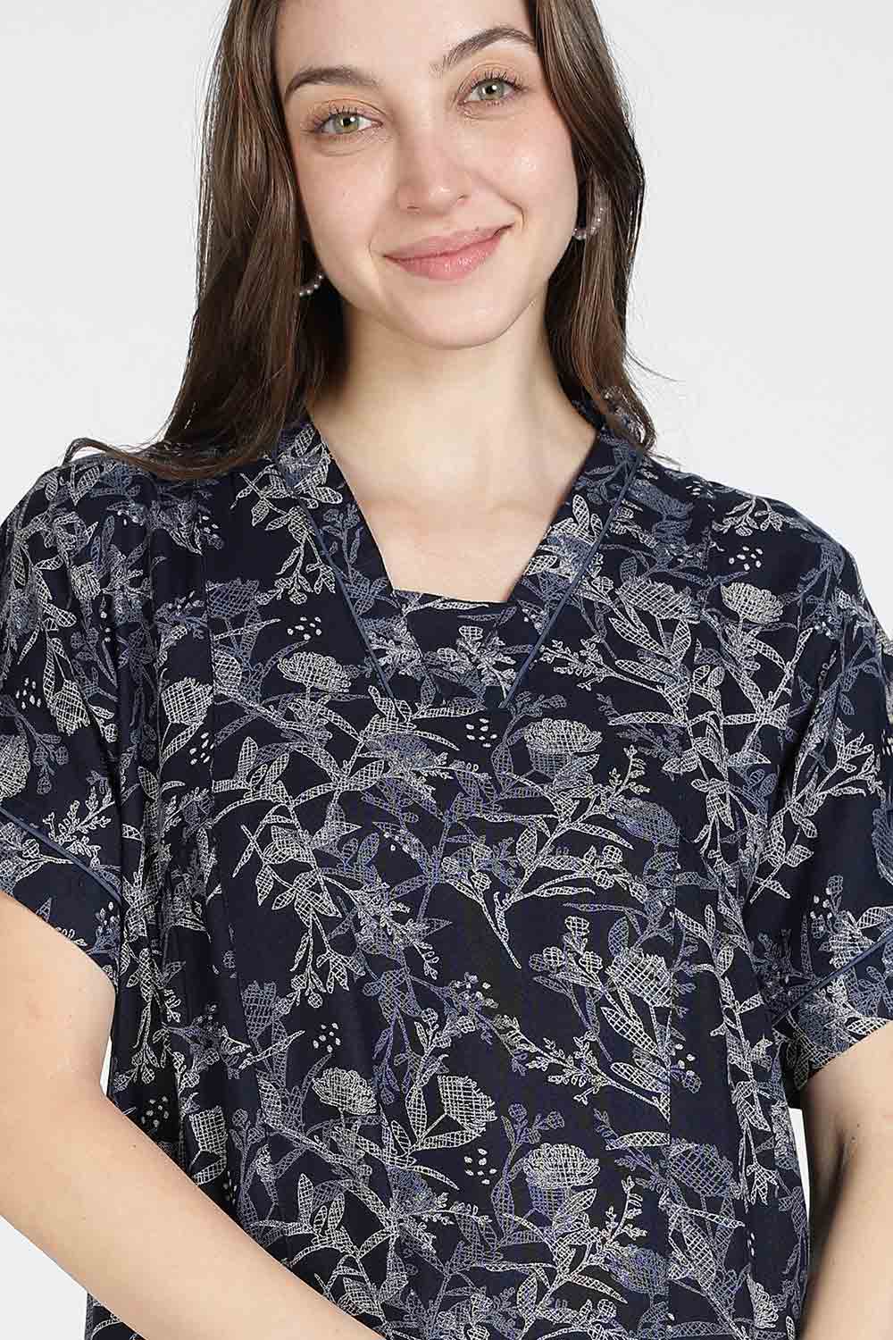 Naidu Hall Women’s Printed Alpine Cotton Nighty | Full Length Split V-Neck Short Sleeve Nightdress with Gathers for Daily Wear & Sleepwear
 - NB26