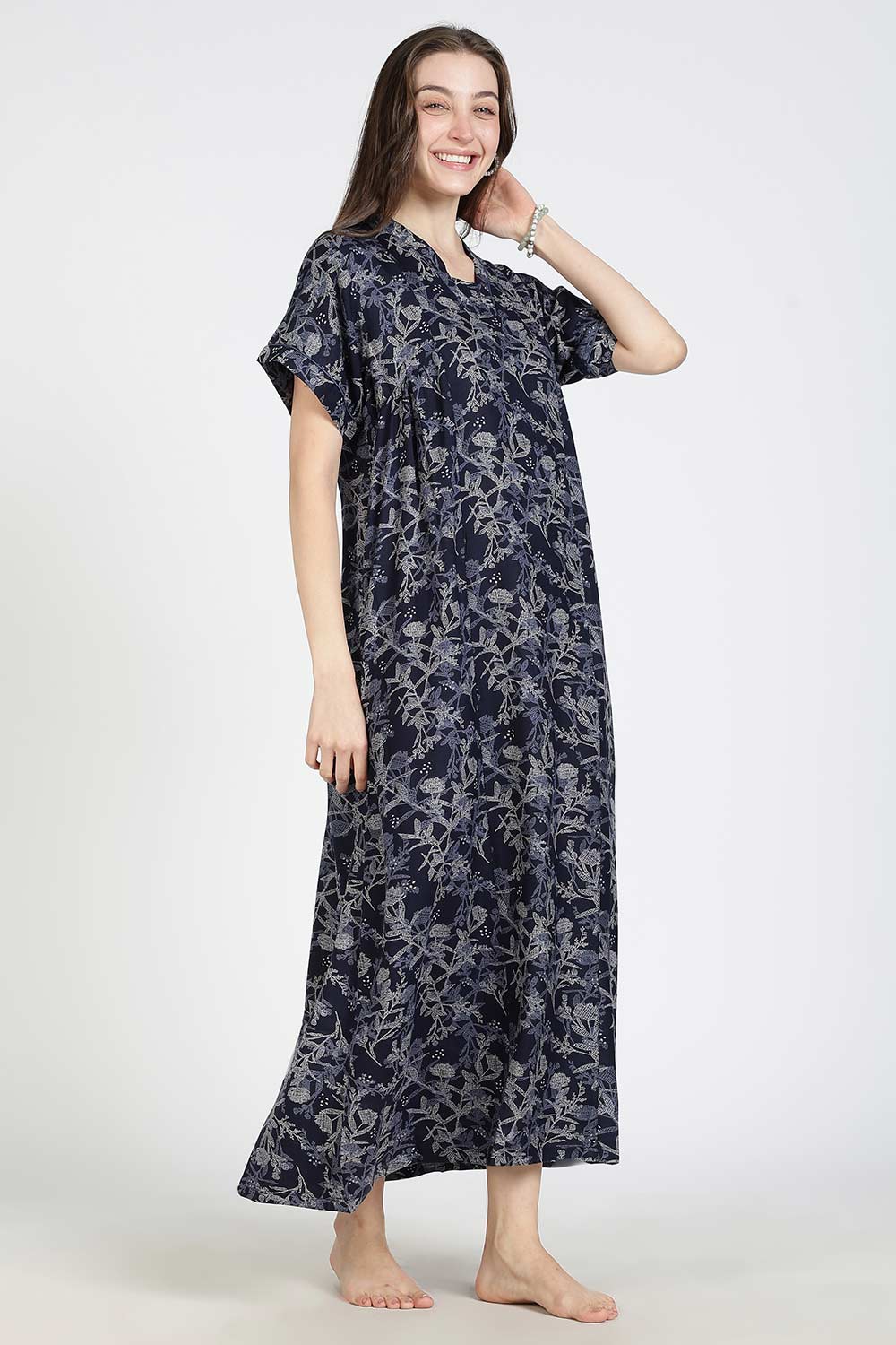 Naidu Hall Women’s Printed Alpine Cotton Nighty | Full Length Split V-Neck Short Sleeve Nightdress with Gathers for Daily Wear & Sleepwear
 - NB26