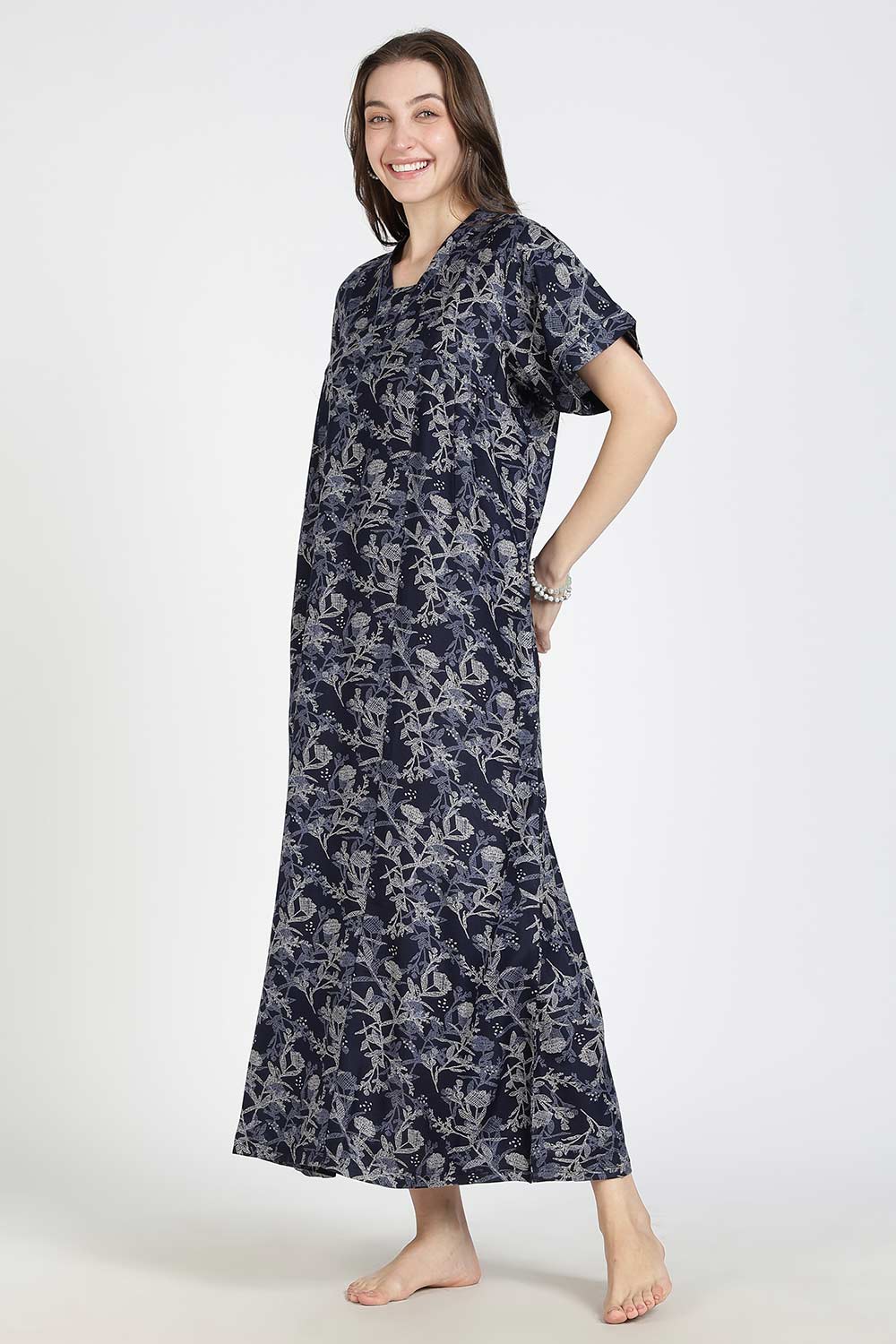 Naidu Hall Women’s Printed Alpine Cotton Nighty | Full Length Split V-Neck Short Sleeve Nightdress with Gathers for Daily Wear & Sleepwear
 - NB26