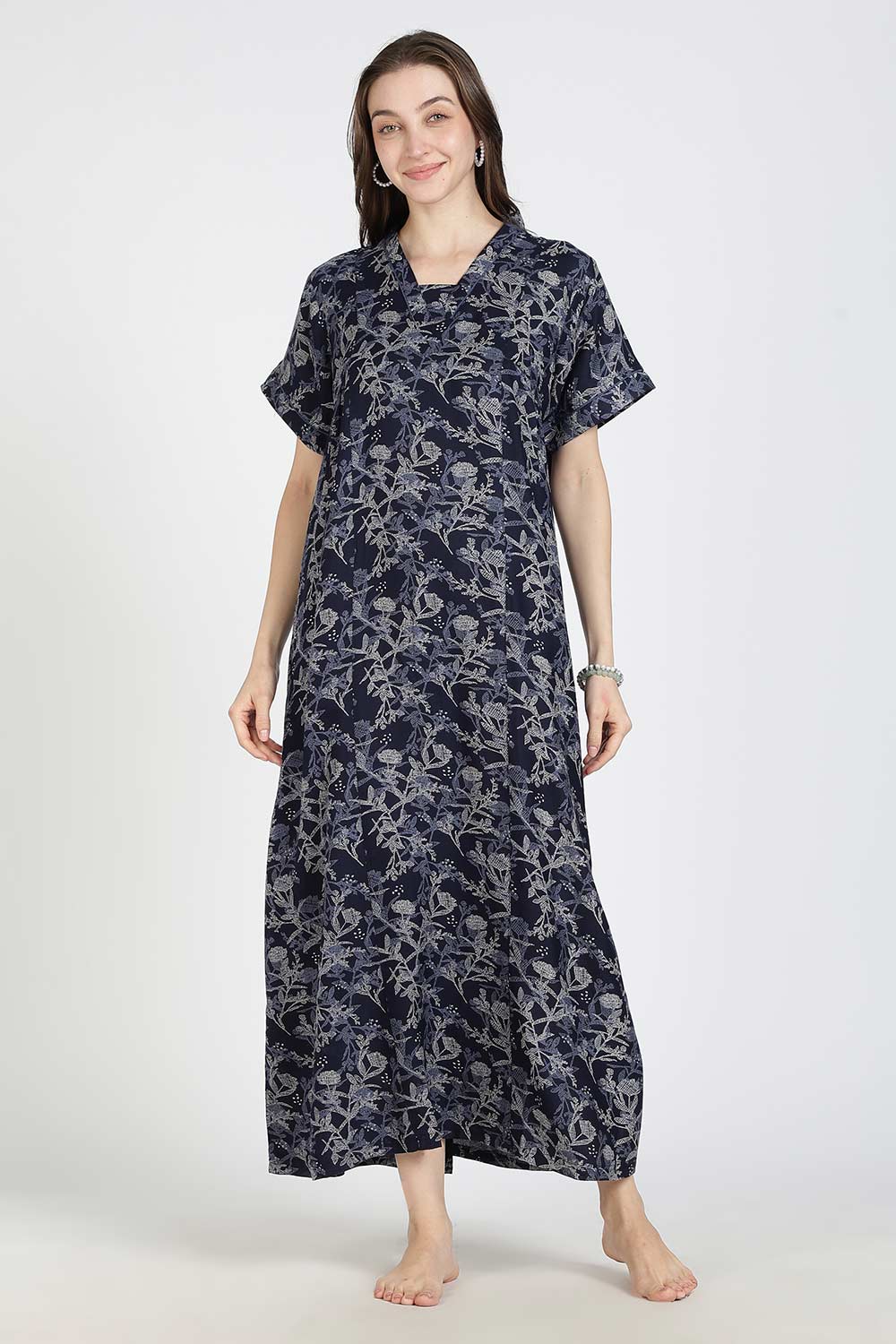 Naidu Hall Women’s Printed Alpine Cotton Nighty | Full Length Split V-Neck Short Sleeve Nightdress with Gathers for Daily Wear & Sleepwear
 - NB26