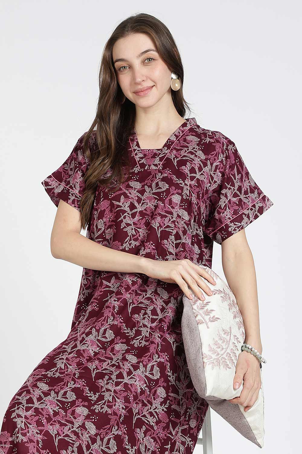 Naidu Hall Women’s Printed Alpine Cotton Nighty | Full Length Split V-Neck Short Sleeve Nightdress with Gathers for Daily Wear & Sleepwear
 - NB26