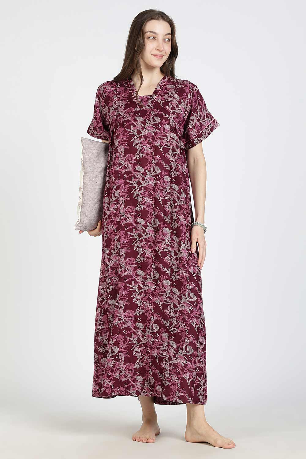 Naidu Hall Women’s Printed Alpine Cotton Nighty | Full Length Split V-Neck Short Sleeve Nightdress with Gathers for Daily Wear & Sleepwear
 - NB26