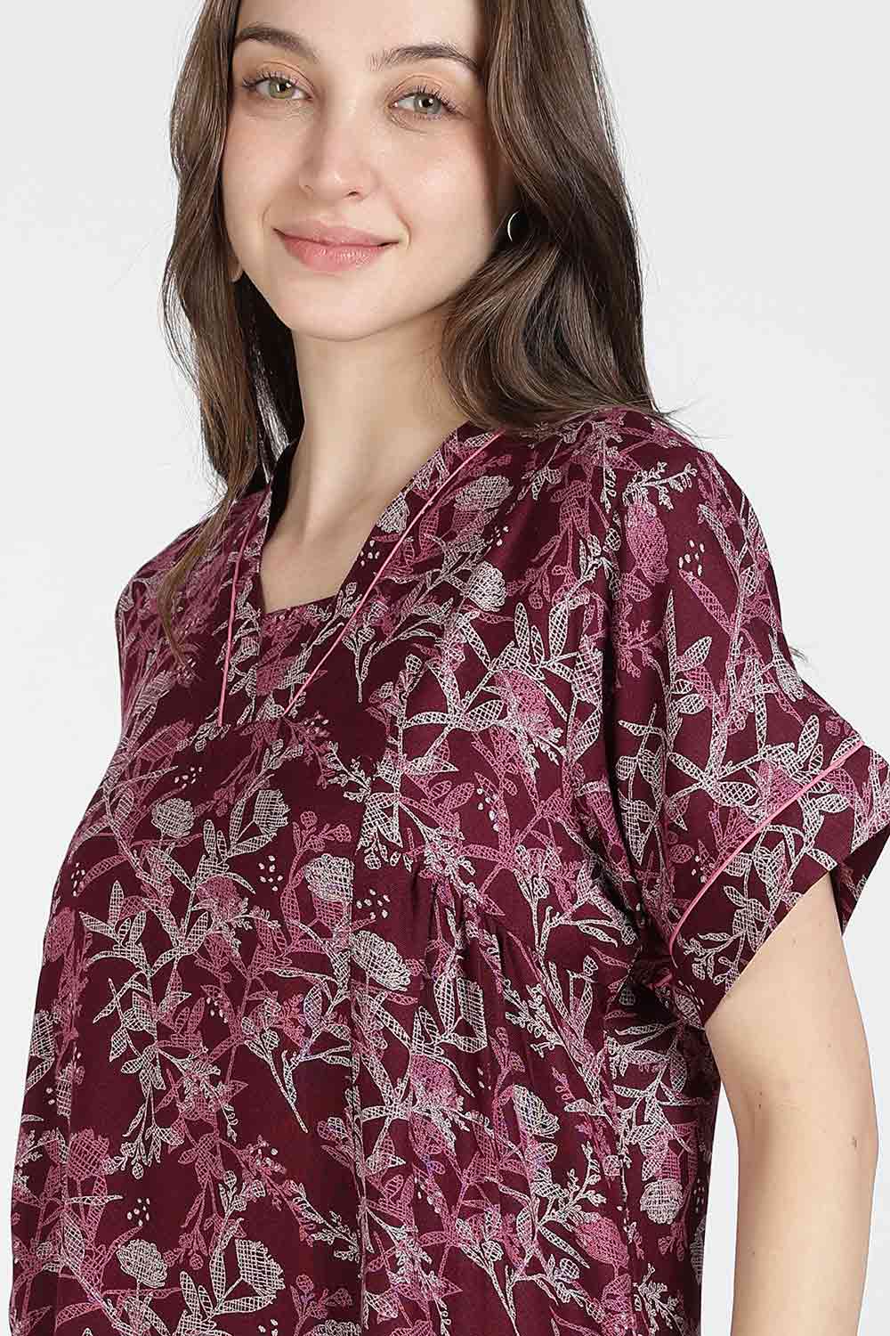 Naidu Hall Women’s Printed Alpine Cotton Nighty | Full Length Split V-Neck Short Sleeve Nightdress with Gathers for Daily Wear & Sleepwear
 - NB26