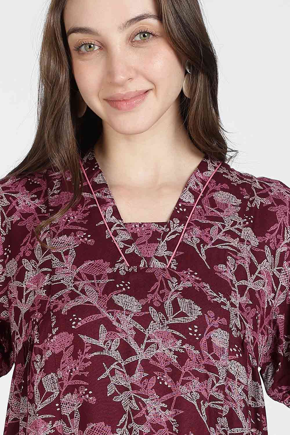 Naidu Hall Women’s Printed Alpine Cotton Nighty | Full Length Split V-Neck Short Sleeve Nightdress with Gathers for Daily Wear & Sleepwear
 - NB26