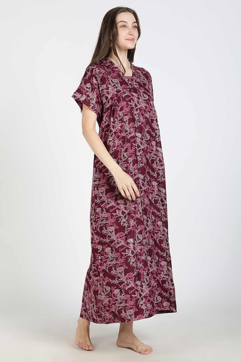 Naidu Hall Women’s Printed Alpine Cotton Nighty | Full Length Split V-Neck Short Sleeve Nightdress with Gathers for Daily Wear & Sleepwear
 - NB26