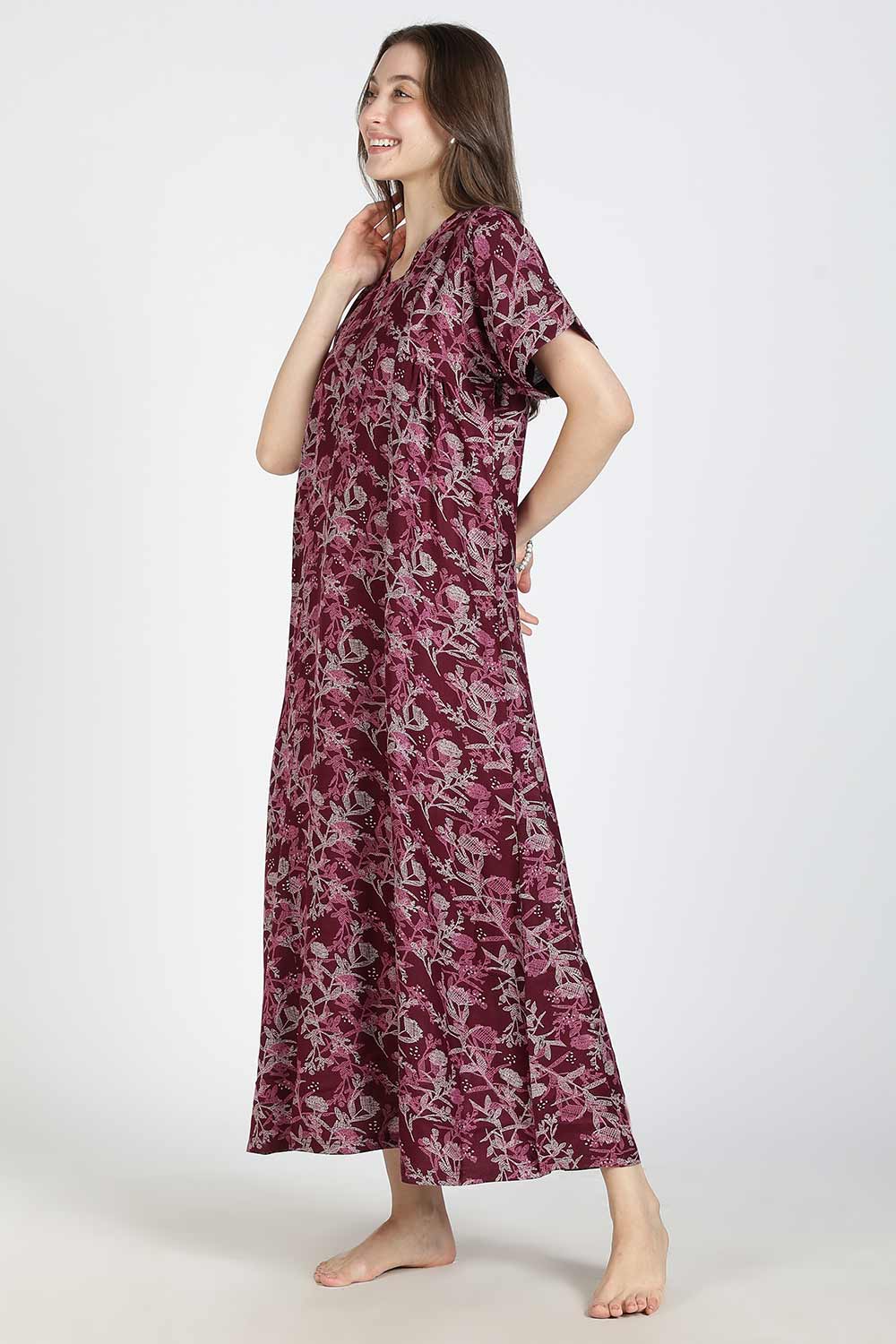 Naidu Hall Women’s Printed Alpine Cotton Nighty | Full Length Split V-Neck Short Sleeve Nightdress with Gathers for Daily Wear & Sleepwear
 - NB26