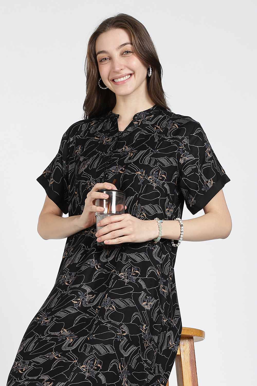 Naidu Hall Women’s Printed Alpine Cotton Nighty | Full Length Split V-Neck Short Sleeve Floral Nightdress for Daily Wear & Sleepwear
 - NB27
