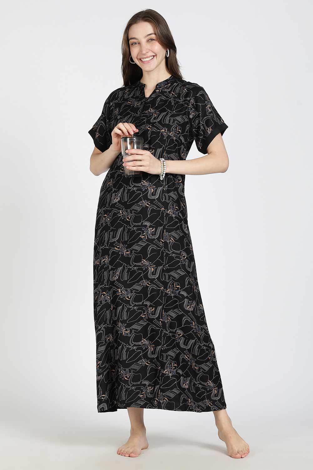 Naidu Hall Women’s Printed Alpine Cotton Nighty | Full Length Split V-Neck Short Sleeve Floral Nightdress for Daily Wear & Sleepwear
 - NB27