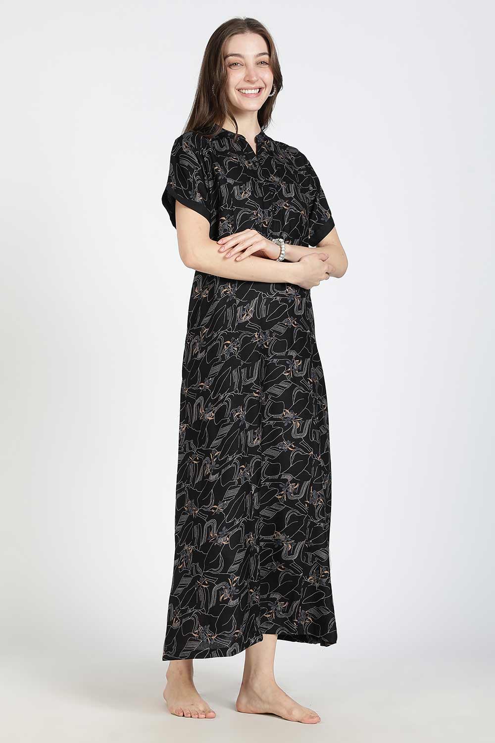 Naidu Hall Women’s Printed Alpine Cotton Nighty | Full Length Split V-Neck Short Sleeve Floral Nightdress for Daily Wear & Sleepwear
 - NB27