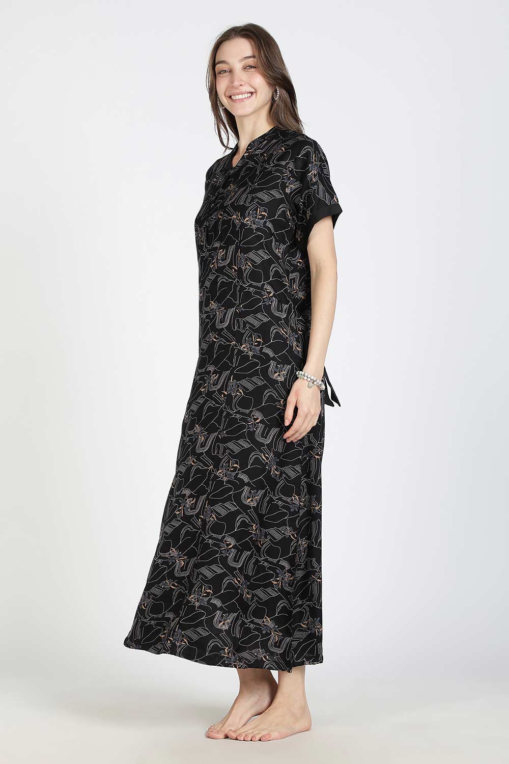 Naidu Hall Women’s Printed Alpine Cotton Nighty | Full Length Split V-Neck Short Sleeve Floral Nightdress for Daily Wear & Sleepwear
 - NB27