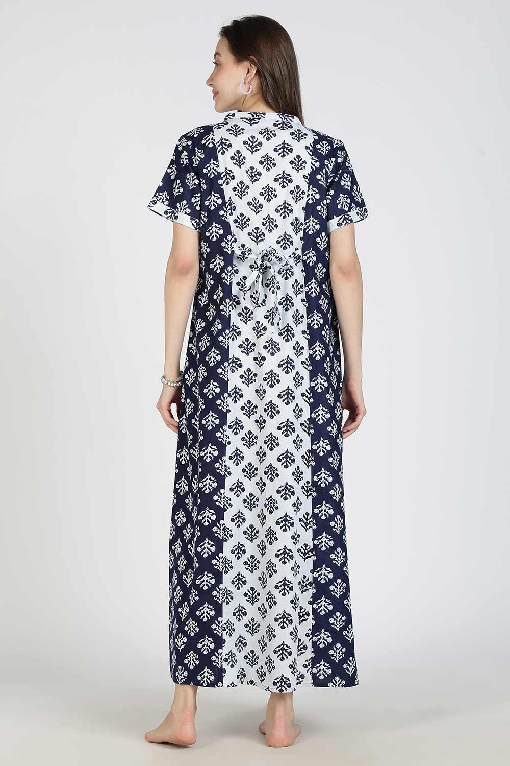 Naidu Hall Women’s Printed Cotton Nighty | Full Length Mandarin Collar Half Sleeve Floral Nightdress with Pintuck Detailing for Daily Wear & Sleepwear
 - NB28