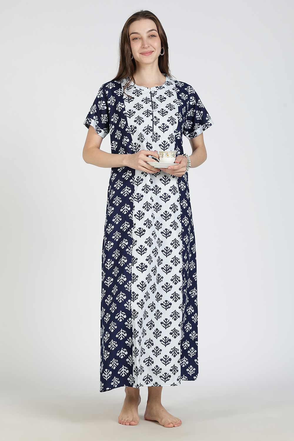 Naidu Hall Women’s Printed Cotton Nighty | Full Length Mandarin Collar Half Sleeve Floral Nightdress with Pintuck Detailing for Daily Wear & Sleepwear
 - NB28